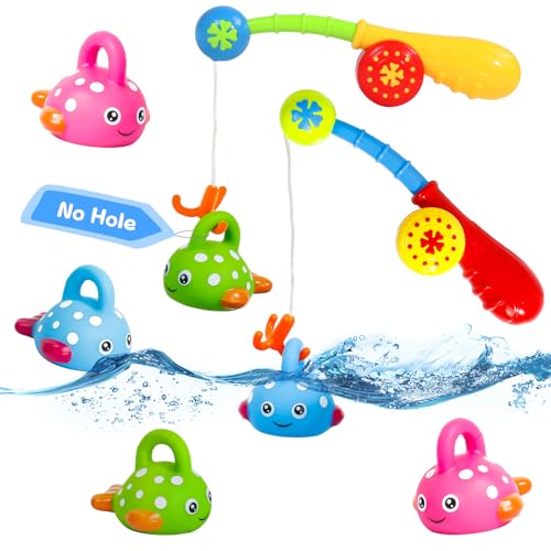 Bath Toys Fishing Game for 2 3 4 Year Olds Toddler Kids No Hole No Mould Paddling Pool Toys with 2 Toy Fishing Rod 6 Fishing Toys Baby Shower Bath Toys Water Play Garden Games for Kids Girls Boys