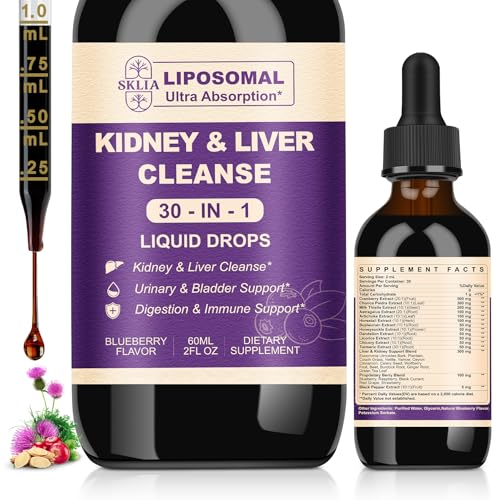 30-in-1 Kidney and Liver Cleanse Detox & Repair Drops with Cranberry Extract, Milk Thistle & Chanca Piedra, Vegan Kidney Support Supplement for Urinary Tract & Liver Support | Blueberry Flavor, 1P