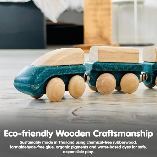 Image of PlanToys Hybrid Train Wooden Montessori Vehicle Toy | Early Movement, Imagination and Practical Life Exploration | Eco Friendly Train Set for Meaningful Play