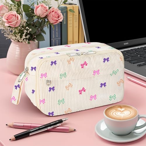 Image of WOBAGMEN Cute Pencil Case,Large Corduroy Zippered Pencil Case Pouch, aesthetic Pencil Bag with Compartments, Pencil Pouch School Supplies (HY-corduroy pc-coloful bow)