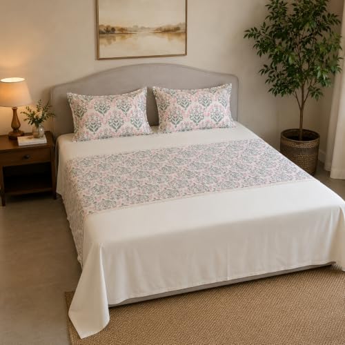 Image of Linen Home Cotton Percale Flat Bedsheet Set Queen Size Sequence Pink