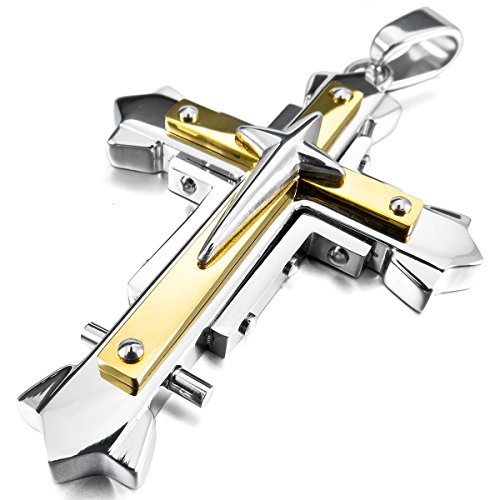 MunkiMix Acero Inoxidable Colgante Collar Plata Oro Dorado Dos Tono Cruzar Cruz Hombre,Cadena 58cm
