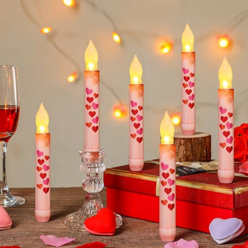 Velas conicas de corazon decorativas para mesa de cena de San Valentin pack de 6