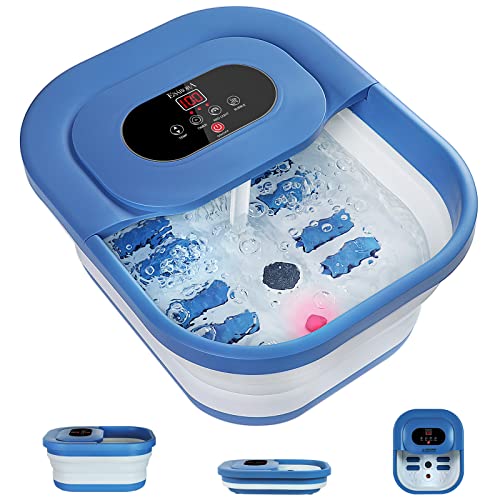ESARORA Collapsible Foot Bath Massager with Heat, Temperature Control, Timer, Red Light & Bubble, Foot Soak Bath Basin with Massage Rollers, Acupressure Massage Points, Pumice Stone - Blue
