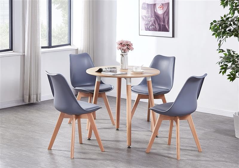 Life Interiors Dining Set of 4 Chairs and Table - 80 cm Round Dining Table & Dining Room Chairs Set of 4 with Cushions - PU Padded Seat w/Solid Wood Legs - Modern Round Dining Table Set - Grey