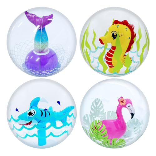 4E's Novelty 3D Beach Balls - 4 Pack 13' Inflatable Pool Toys, Flamingo, Mermaid, Shark, Sea Horse Unique Pool Ball, Ocean Under The Sea Party Decorations for Kids Toddlers Adult