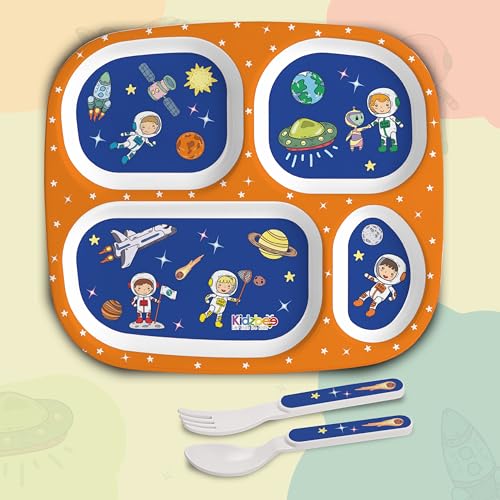 Image of Cello Kidzbee Quadmeal Cosmic Explorer Melamine Meal Set for Kids | BPA Free and Food-Grade Material | Attractive and Kidfriendly Designs | Break Resistant & Durable Set | Set of 3, Navy Blue