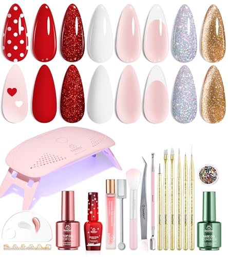 Image of Beetles 27Pcs Gel Nail Polish Kit with U V Light -6 Colors Cat Eye Gel Polish Set Red Jelly Glitter Gold Merry Glitz with Everything Soak Off Home Salon DIY Manicure Set Gifts for Women