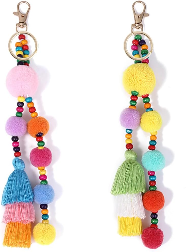 Colorful Keychains Boho Pom Pom Tassel Bag Decorations Charm Wristlet Bracelet Keyring for Women