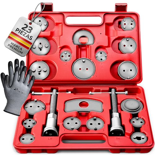TRESKO® Reposicionador de pistones de Freno 23 Piezas Incl. Guantes para reposicionar el pistón de Freno al Cambiar los Discos, Las Zapatas o Las Pastillas de Freno
