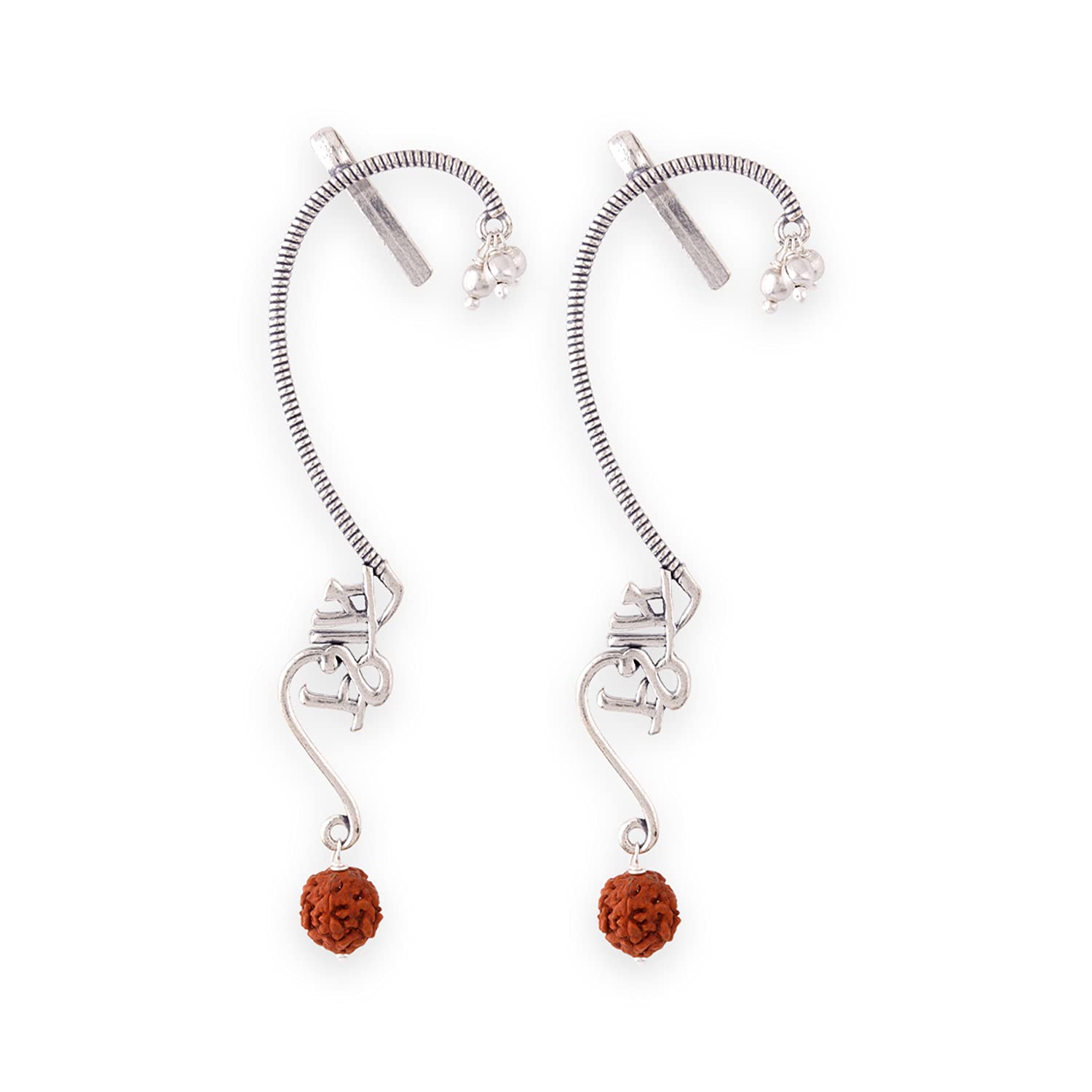 Voylla Stylish Brass Oxidised Silver Enamel Aham Brahmasmi Moksh Ear Cuff Earrings for Women and Girls