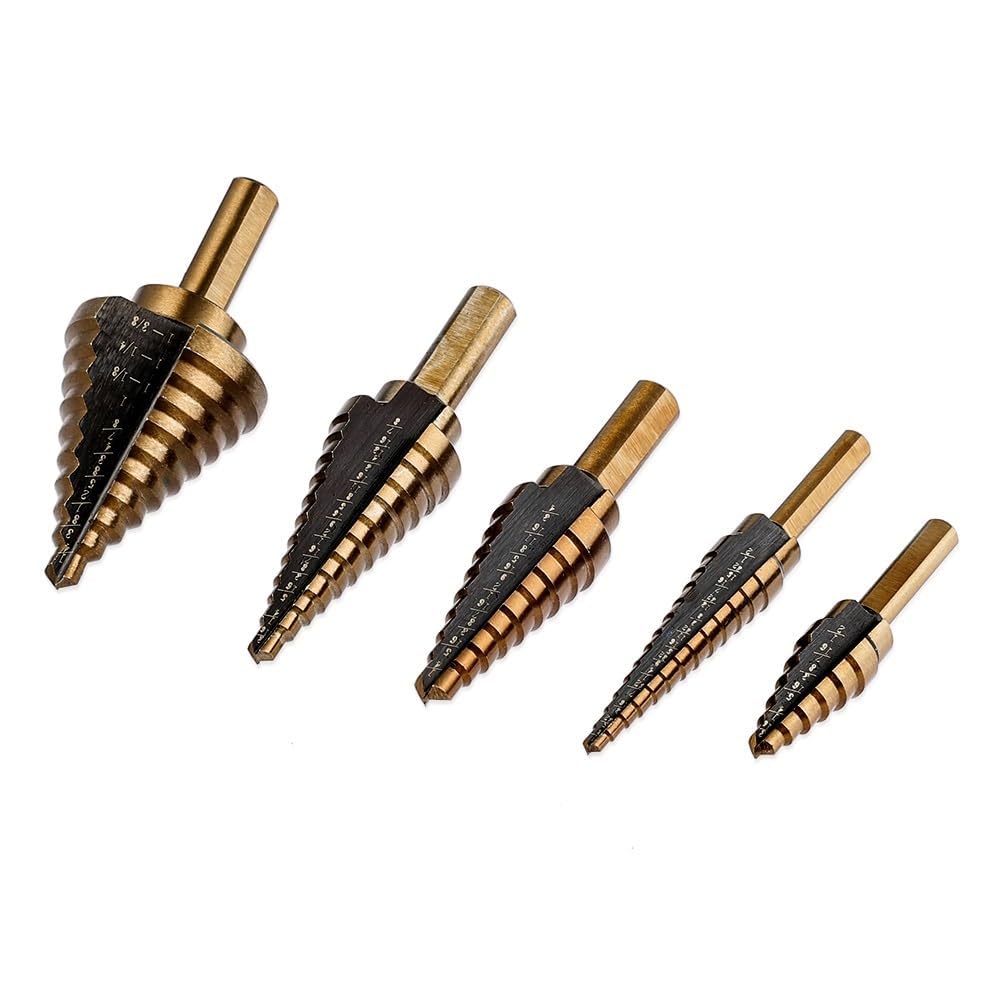 Broca escalonada, juego de 5 brocas escalonadas de titanio y acero HSS de 50 pulgadas, cortador de agujeros de metal, herramienta de perforación de núcleo de cono de madera