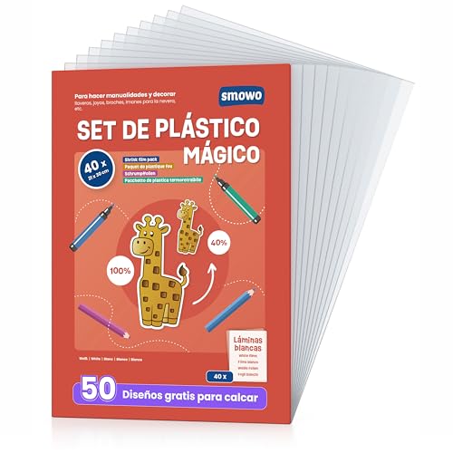Smowo® 40 Láminas de Plástico Mágico A4 - Papel Termoretráctil Transparente Mate - Manualidades para niños, Bricolaje, DIY - Hojas encogibles