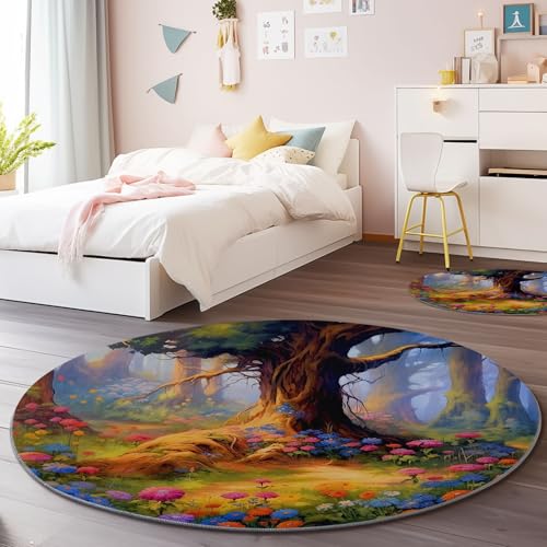 Genérico Alfombra Redonda Salón Pelo Corto 90 cm - Fantasía Bosque Jardín Imprimir Lavable Antideslizante Alfombras Redondas, Verde Suave Franela Alfombra de Pelo Corto