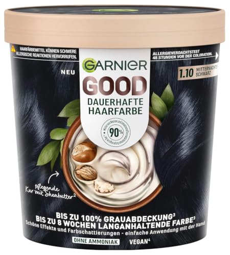 Garnier GOOD Dauerhafte Haarfarbe 1.10 Mitternachts-Schwarz Coloration ohne Ammoniak bis zu 100% Grauabdeckung 1 Stk.