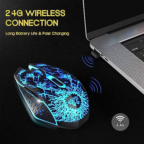 VEGCOO Gaming Maus Kabellose Mouse Gaming Silent Optical Sensor mit 1600/1200/800 DPI PC Maus Gaming mit 7 Lichtmodellen (schwarz)