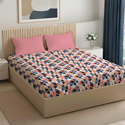 Image of Livspace Cotton Queen Size Bedsheet for Double Bed | 100 inch x 88 inch | 144 TC Flat Cotton Bedsheet with 2 Pillow Covers, Soft & Breathable - Bello Pure Nest Collection (Pink Blue)