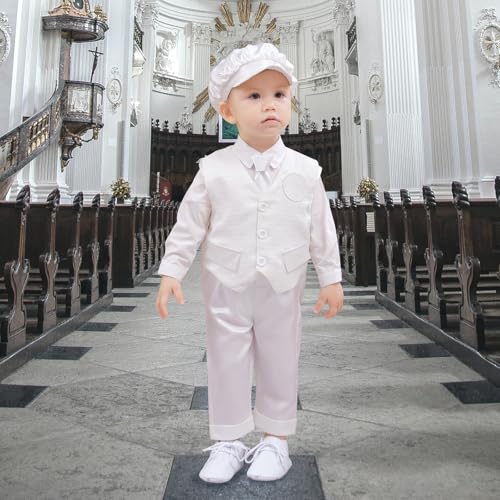 Image of Booulfi Baptism Christening Outfits for Baby Boy Outfits,NB- 5t Boy Clothes | 4 Piece Button Down White Shirt Bow Tie Photography Suspenders Baptism Outfits for Boys,Newborn 5t Boys Clothes Summer