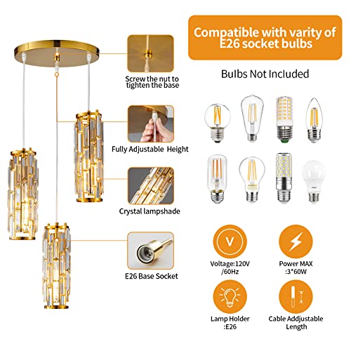Image of LMQNINE Pendant Lighting Modern Pendant Light, Mini Crystal Chandeliers,Adjustable Pendant Light Fixture for Kitchen Island Dinning Room Bedroom (Gold, 3-Light)