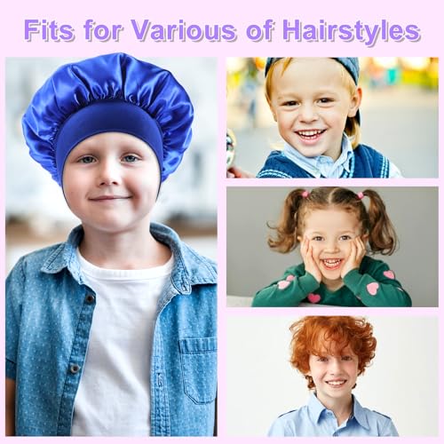 Satin Bonnets for Kids Sleeping, 4pcs Kids Elastic Wide Band Bonnet Sleep Cap for Curly Natural, Wide Band Bonnets Sleep Cap for Children, Silk Bonnet for Sleeping Kid(4 Colors)4