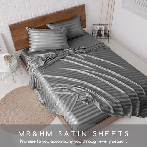 Image of MR&HM Satin Bed Sheets, Full Size Sheets Set, 4 Pcs Silky Bedding Set with 15 Inches Deep Pocket for Mattress (Full, Dark Grey Striped)