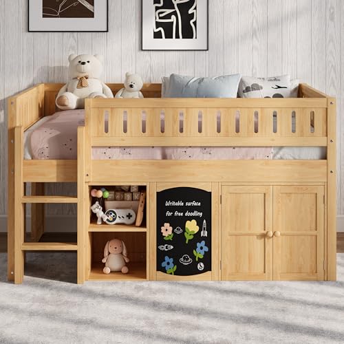Image of Full Size Loft Bed with Storage Cabinet and Chalkboard Panel, Solid Wood Frame - Space-Saving Design for Kids /Teens Bedroom (Natural-A1)