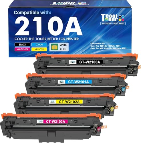 210A Toner Cartridges 4 Pack 210 4301fdw 4201dn Compatible for HP210A 210X for HP Color LaserJet Pro MFP 4301fdn 4201dn 4201dw W2100X W2100A Series Printer Ink ‎Black Cyan Yellow Magenta(with Chip)