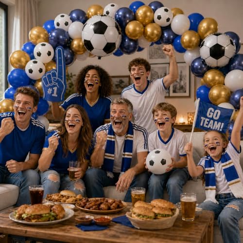 Image of Soccer Balloons, 12 Inch Navy Blue Gold and White Football Theme Balloons with 4D Foil Football Balloon for Boy Kid Soccer Sports Birthday Graduation Baby Shower Party Decorations