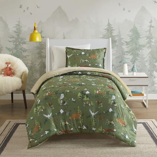 MI ZONE Kids Queen Comforter Set,Reversible Plush Kids Comforter Set,Plush Reverse Bedding,Winter Fluffy Comforter Bed Set,2 Shams,Enchanting Forest Animals,Full/Queen,Sage Green 3 Piece,(MZK10-266)