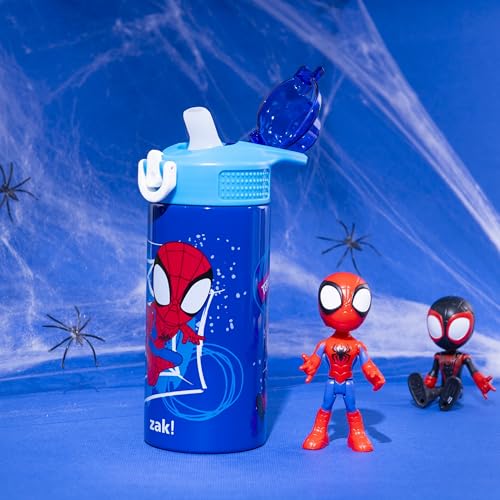 Image of Zak Designs Marvel Spider-Man Sage Kids Water Bottle For School or Travel, 14oz Stainless Steel Water Bottle With Straw, Handle, and Leak-Proof, Pop-Up Spout Cover (Spidey and His Amazing Friends)