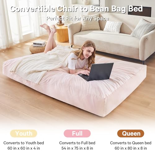 Bean Bag Chairs for Adults - Giant Bean Bag Chair Convertible Bean Bag Bed - Beanbag Chair with Micro Fiber Cover/Furniture Foam Filler - Floor Couch Sofa in Bedroom Dorm Room - Full Pink