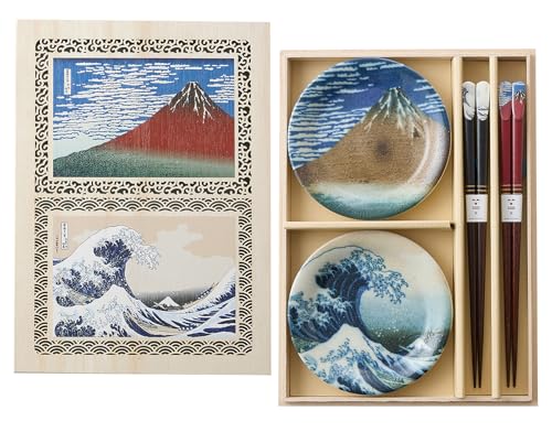 山勝美濃陶苑 「 Hokusai 葛飾北斎 Ukiyo-e 富岳三十六景 」 ペア 小皿 箸 木製ギフト箱入 食器セット 皿 径12×2cm 箸 23cm 浮世絵器行 神奈川沖浪裏 凱風快晴 赤富士 Art 美濃焼 日本製 HOK-8008A