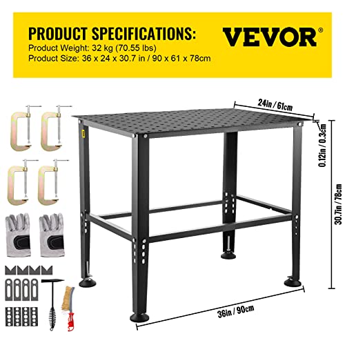 VEVOR Welding Table, 36" x 24" Adjustable Workbench, 0.12" Thick Industrial, 600lb Load Capacity, Heavy Duty Carbon Steel, Gray Steel With Accessories