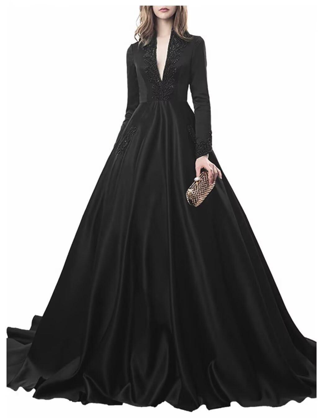 BYRWZDN A Line Long Sleeves V Neck Prom Dresses for Women Long Satin Beaded Formal Evening Party Gowns with Sweep Train