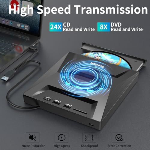 Image of SUIDEK External CD DVD Drive for Laptop, USB C Portable CD /DVD + /-RW Burner DVD Player with SD Card Reader USB 3.0 Type C Hub Compatible with Laptop PC Windows Linux