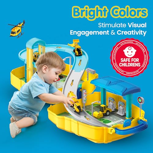 Image of Kidology 2-in-1 DIY Construction Vehicle Set of 4 - Alloy Adventure Cars, Parking Ramp Garage, Dual Handbag Backpack with Track, Montessori Toy for Toddlers & Kids, Birthday Gift for Boys & Girls