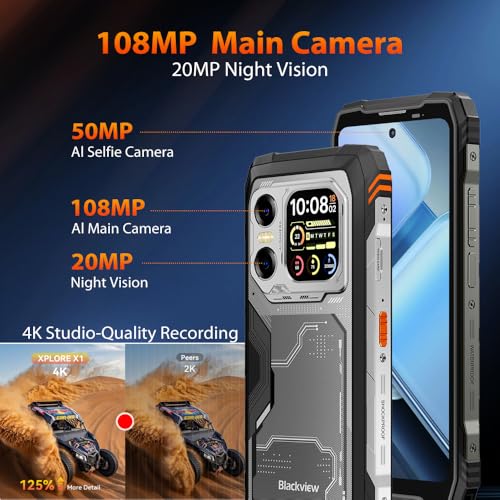 Blackview Xplore X1 5G Outdoor Handy ohne Vertrag Android 15, 36GB+256GB/2TB 10000mAh Baustellenhandy, 6,78" FHD+ Doppelbildschirm, 108MP+50MP, Outdoor Smartphone Wasserdicht/NFC/OTG/Gemini AI,Orange – Bild 6