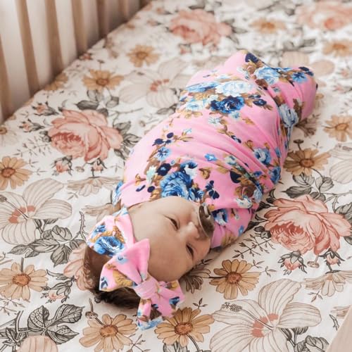 Image of DRESHOW BQUBO Baby Girl Newborn Floral Receiving Blankets with Bow Hat Headband Wooden Birth Announcement Card Set Newborn Baby Swaddling Hats Swaddle Blanket Toddler Warm Shower Gift
