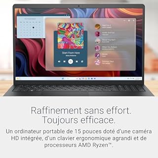 Dell 15 Ordinateur portable DC15255 - Écran FHD 15,6 pouces 120Hz, AMD Ryzen 5-7520U, 8 Go de RAM LPDDR5, 512 Go SSD, carte graphique AMD Radeon 610M, Windows 11 Home, service sur site - Noir carbone
