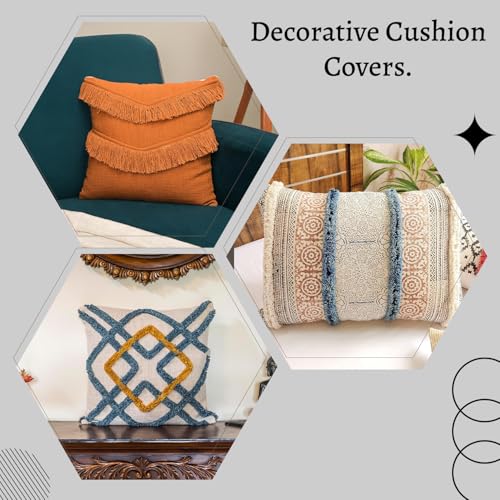 Image of Cotton Cushion Covers 18 inch x 18 inch | Boho Shaggy Square Decorative Cushion Cover for Bedroom | Hand Made Boho Throw Pillow Cover for Sofa (Set of 1, 18 * 18)
