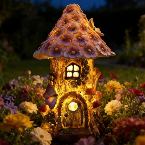 CHUYILEE Solar Fairy Garden Statues Retro House Fairy Garden Lights House for Fairies Yard Art Sculpture Decoration Accessoriy Outdoor Miniature Garden Outdoor Decor Accessories