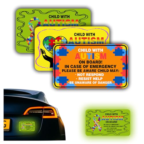 EARLFAMILY Child with Autism On Board Car Magnets 3 Pack Reflective Autism Awareness Sticker Decal for Window Truck SUV Bumper 5.9 x 3.5 inch (Magnets)
