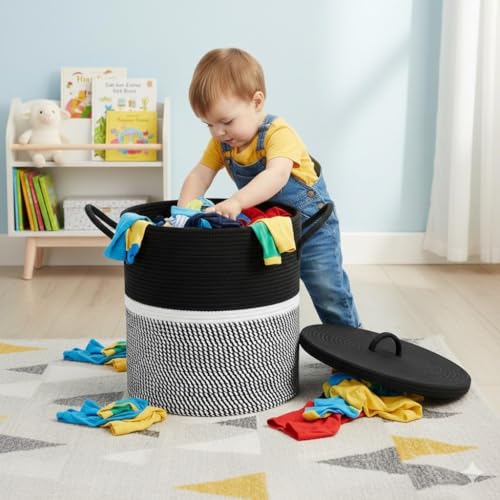 Image of lid Laundry Basket for Clothes, Toy Storage Basket, Storage Basket for Living room, Multi-Purpose, Extra Large Laundry Basket, Dirty Cloth Baskets, 15x20 in inch (LXH) (BG9)