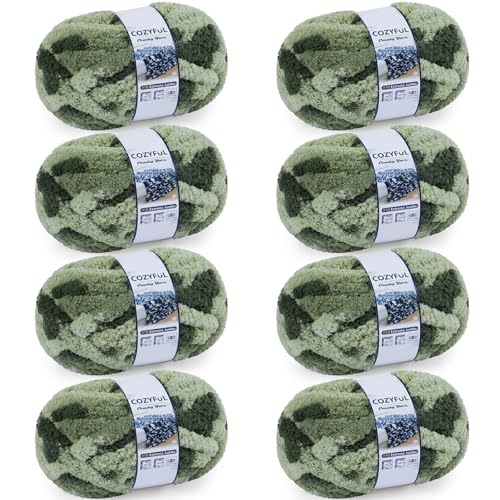 Cozyful Chunky Yarn for Hand Knitting - #10 Chunky Chenille Blanket Yarn Jumbo Big Thick Chunky Yarns for Crocheting Tie Dye Bulky Knit Yarns 8 Skein (20 yds 8 oz Each Skein) Multi Green