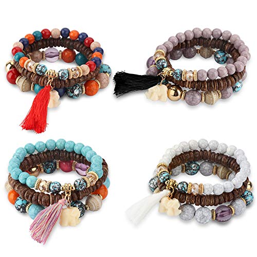 Thunaraz 4 Sets Bohemian Stretch Beaded Bracelets for Women Multilayer Stackable Bracelets Strand Bangles