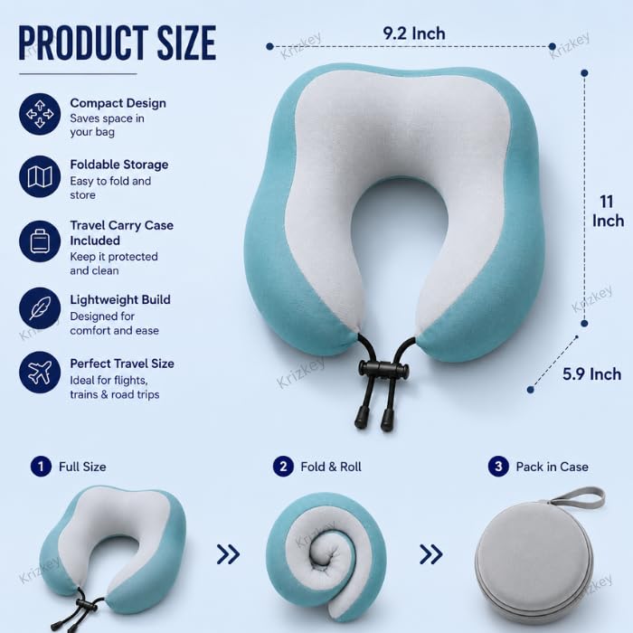 Image of Memory Foam Travel Neck Pillow with Portable Storage Case | Soft U-Shaped Neck Support Cushion for Airplane, Car, Train & Office | Lightweight Ergonomic Travel Pillow (Dark Green)