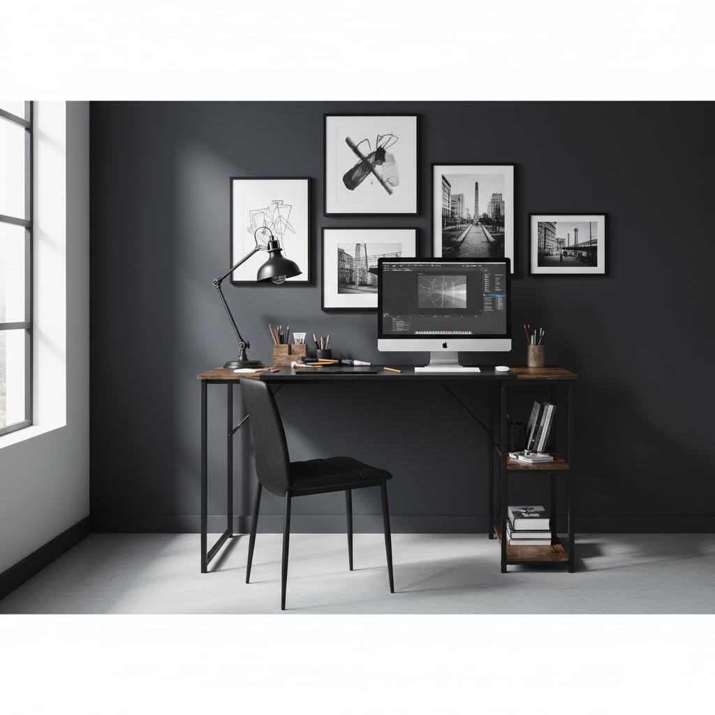 FurnitureR - Mesa de Dibujo Moderna, 120 cm, Madera y Metal, 2 Niveles de Almacenamiento, Ajuste de Altura, Bandeja de diseño Patchwork en Retro marrón y Negro, Ideal para Taller, creación o Oficina