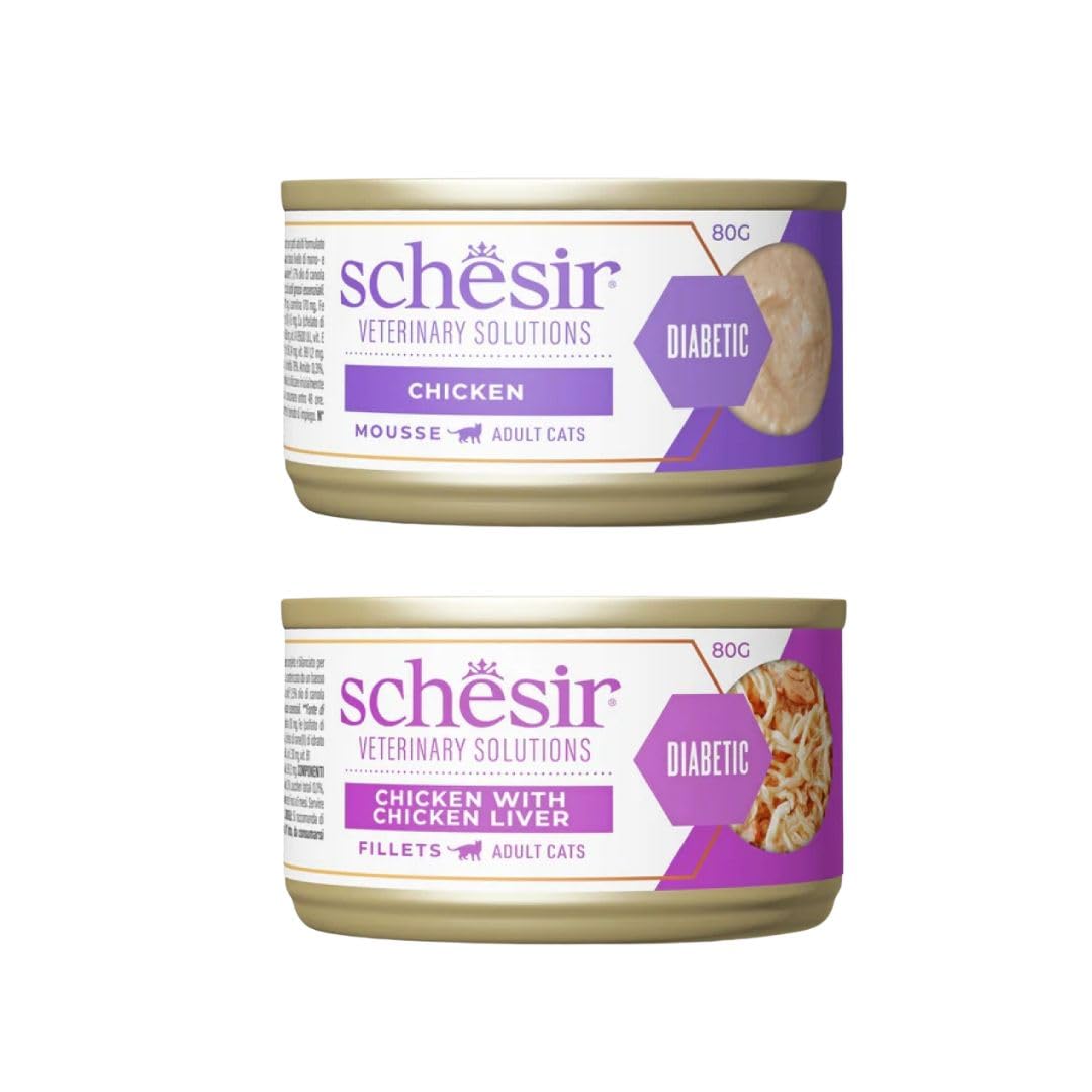 Schesir Dieta - Cibo umido per gatti, dieta diabetica, varie miscele e gusti, 8 x 80 g (8 x 80 g, 4 x pollo in brodo e 4 x pollo in mousse)