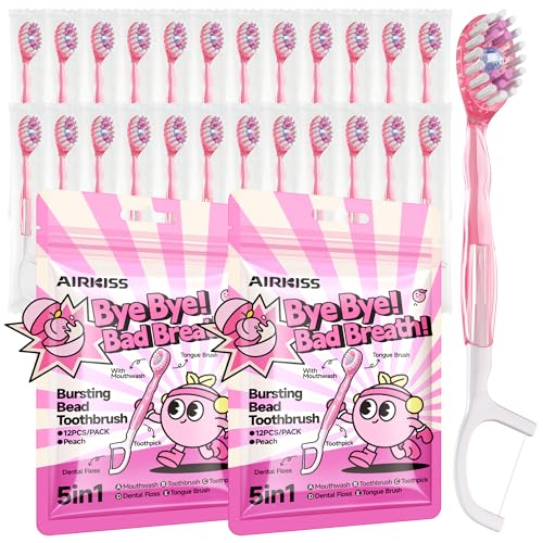 airkiss Disposable Travel Toothbrushes with Toothpaste Bead, Mini Disposable Toothbrush on The Go, Individually Wrapped with Mouthwash, Toothbrush, Toothpick, Dental Floss and Tongue (Juicy Peach)