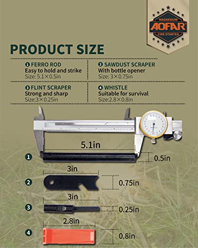 AOFAR-Fire-Starter-AF-376-Ferrocerium-Ferro-Rods-Fire-Starter-Kit-with-Two-Multi-Tool-Fire-Strikers-80dB-Survival-Whistle-Paracord-Lanyard-for-Camping-Hiking-Emergency-Rescue-12-51-Inch